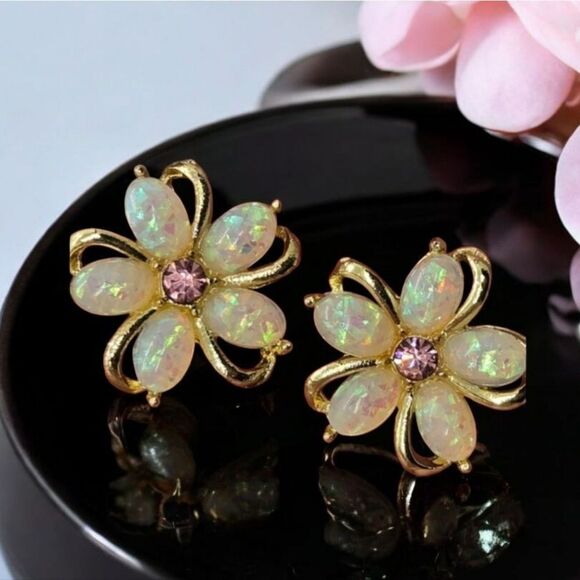 Camellia Flower Opalescent Earrings Gold Shimmer Pierced Ears Feminine Romantic - Picture 1 of 5